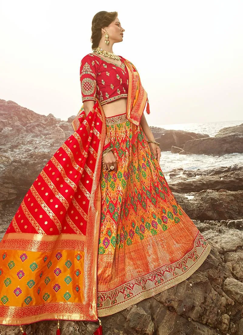 Affectionate Dark Orange Banarasi Silk Panelled Lehenga Choli