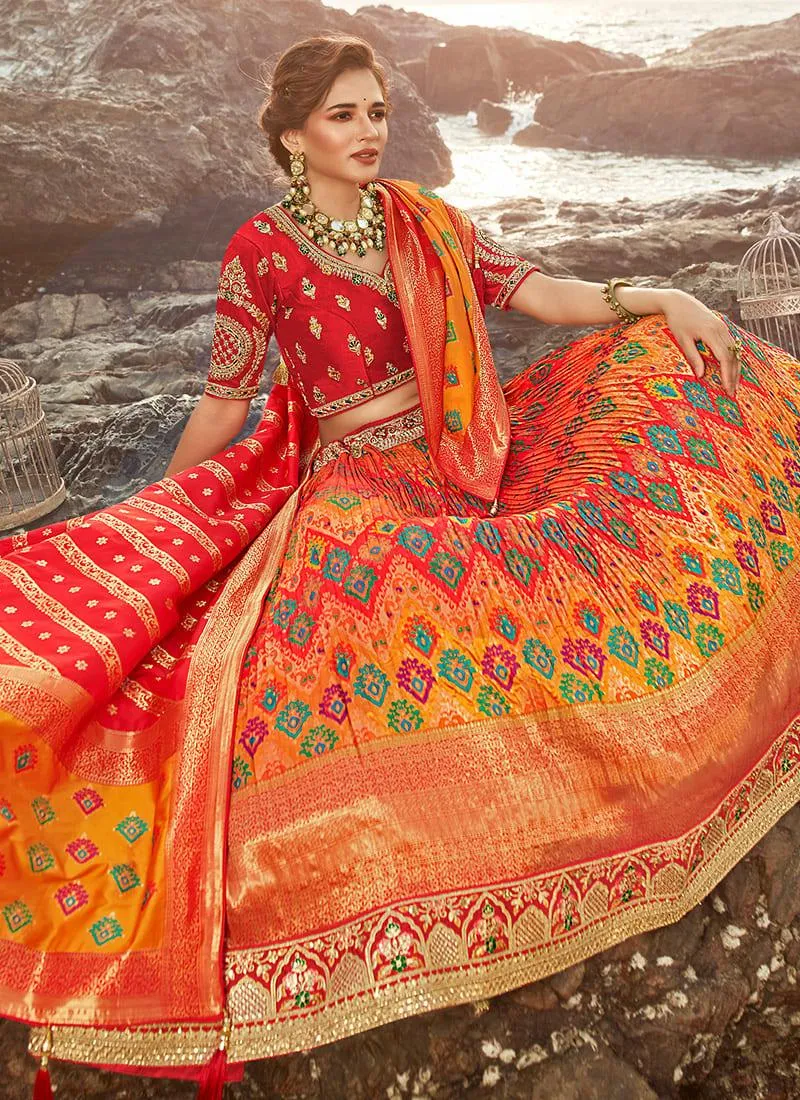 Affectionate Dark Orange Banarasi Silk Panelled Lehenga Choli