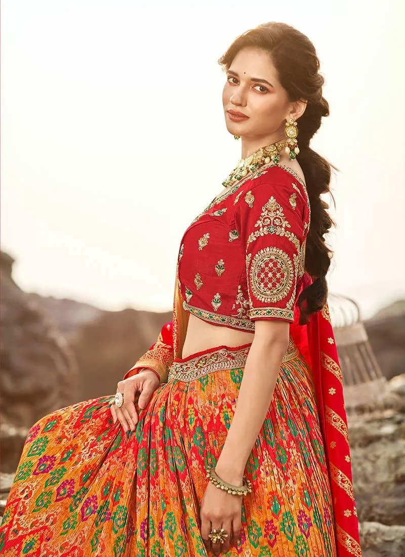 Affectionate Dark Orange Banarasi Silk Panelled Lehenga Choli