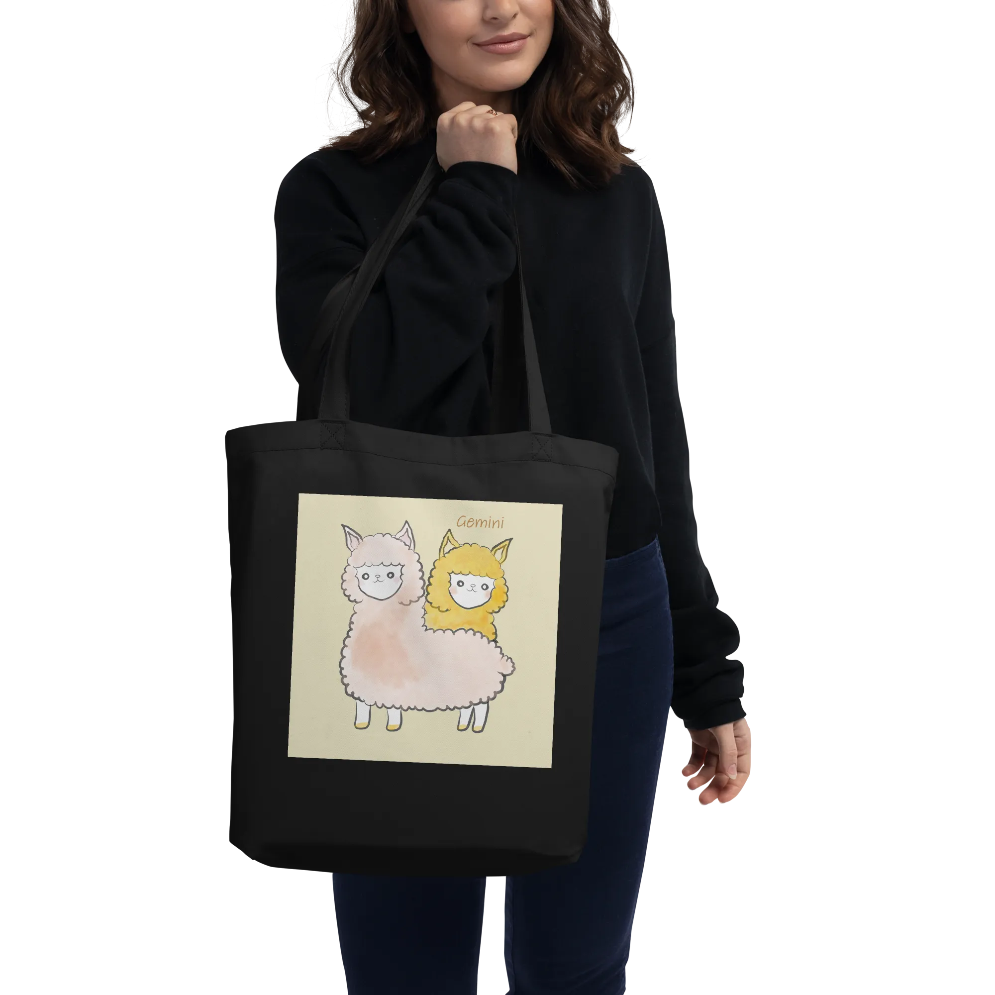 Astrology Tote Bag with Alpaca Zodiac Sign Gemini Organic Cotton Birthday Gift