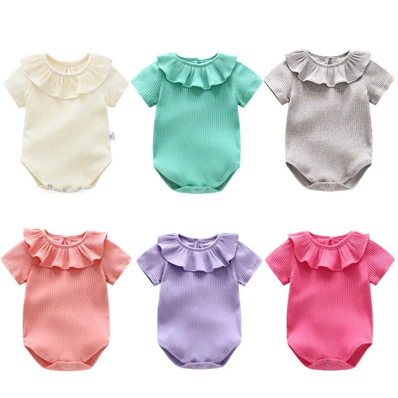 Baby Girl Ruffled Neckline Short Sleeve Onesie (6 Colors)