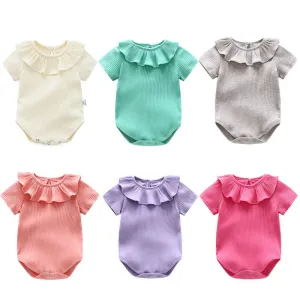 Baby Girl Ruffled Neckline Short Sleeve Onesie (6 Colors)