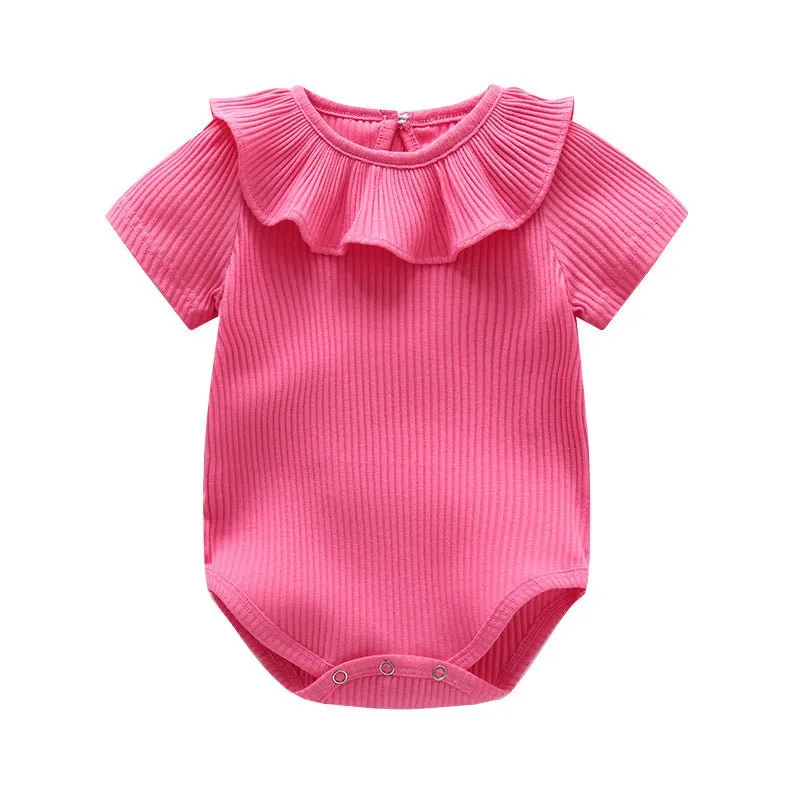 Baby Girl Ruffled Neckline Short Sleeve Onesie (6 Colors)