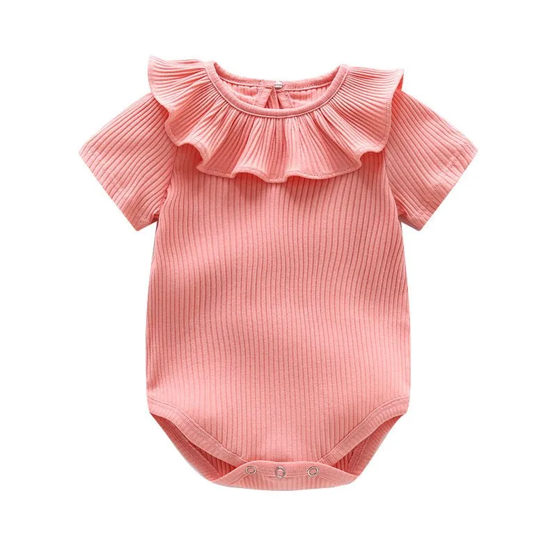 Baby Girl Ruffled Neckline Short Sleeve Onesie (6 Colors)