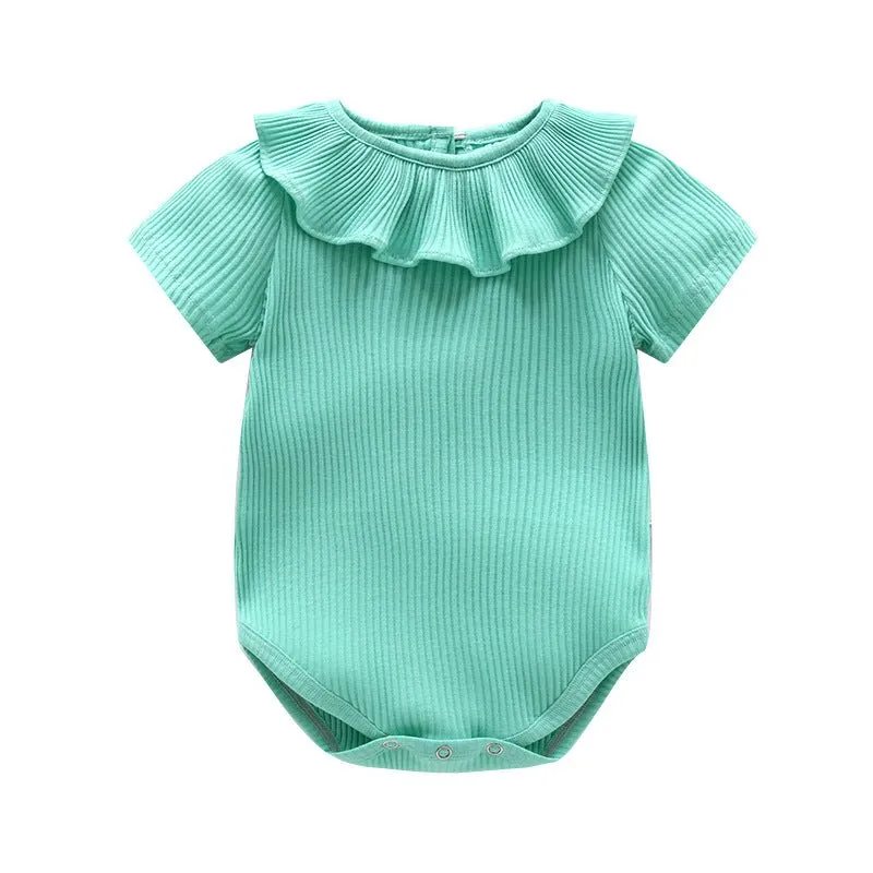 Baby Girl Ruffled Neckline Short Sleeve Onesie (6 Colors)