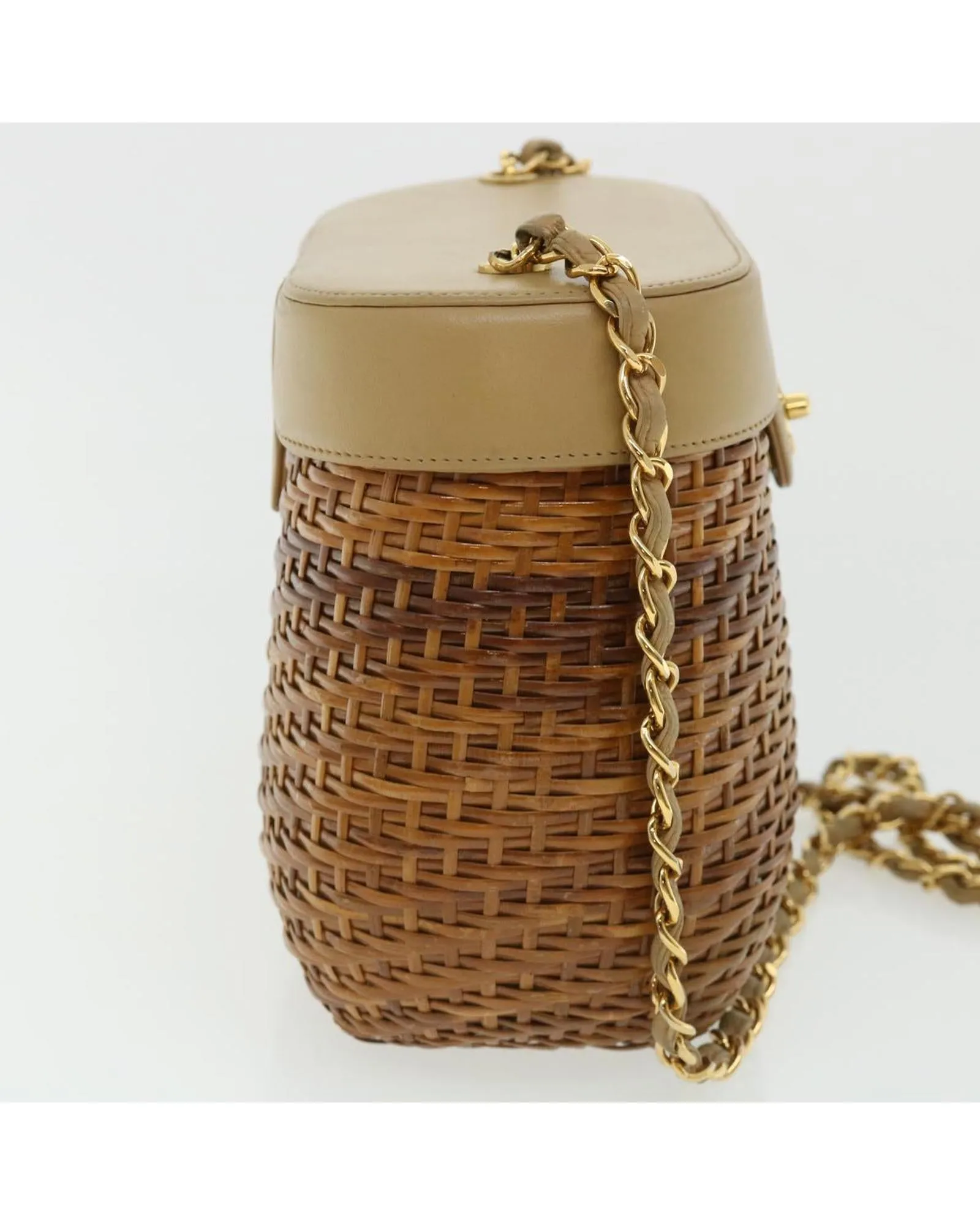 Basket Chain Shoulder Bag Leather rattan Brown CC Auth