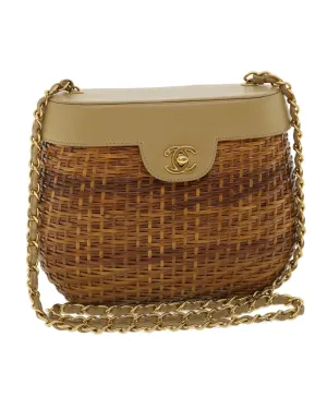 Basket Chain Shoulder Bag Leather rattan Brown CC Auth