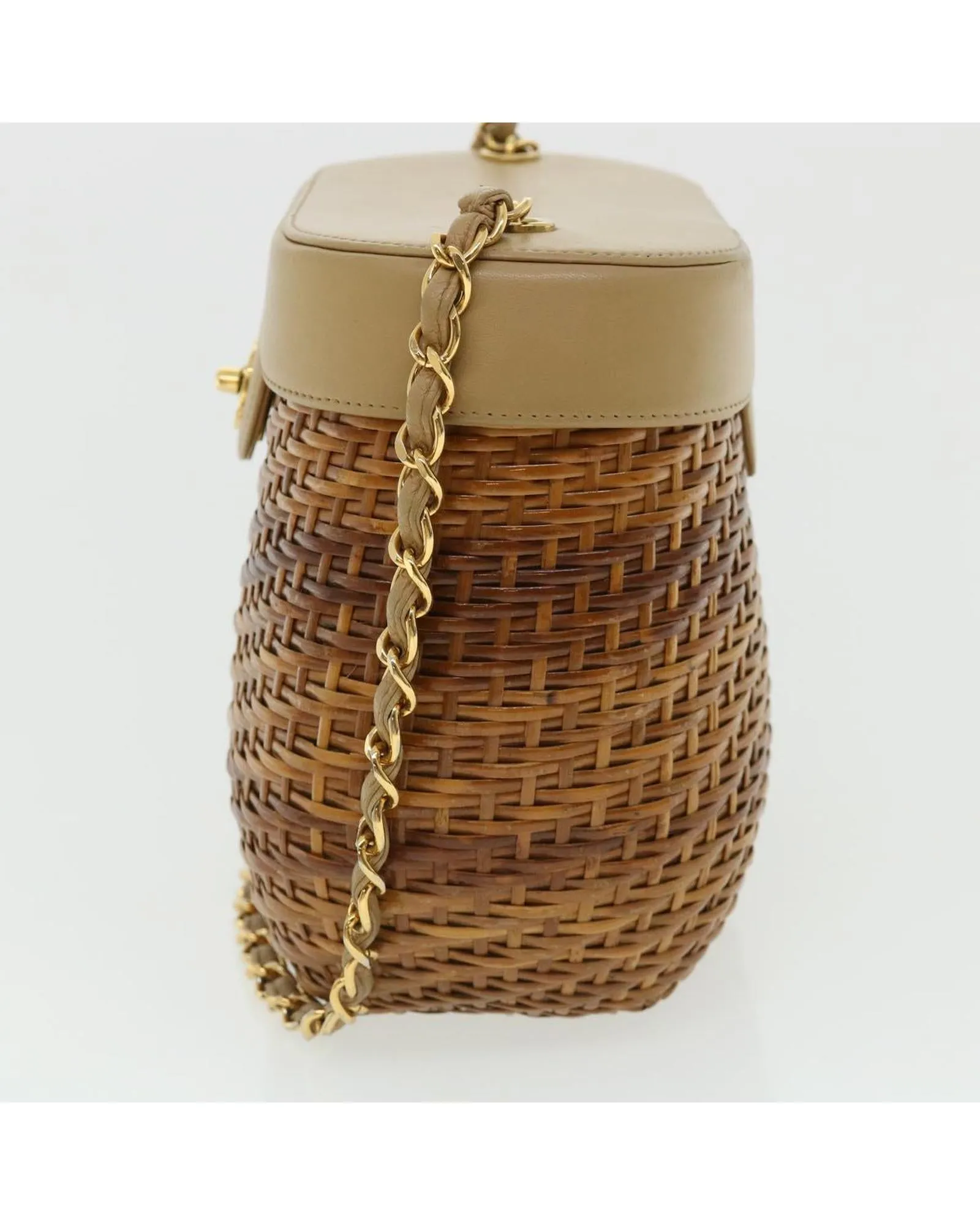 Basket Chain Shoulder Bag Leather rattan Brown CC Auth