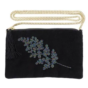 Beaded Black Velvet Cross-over Clutch Bag