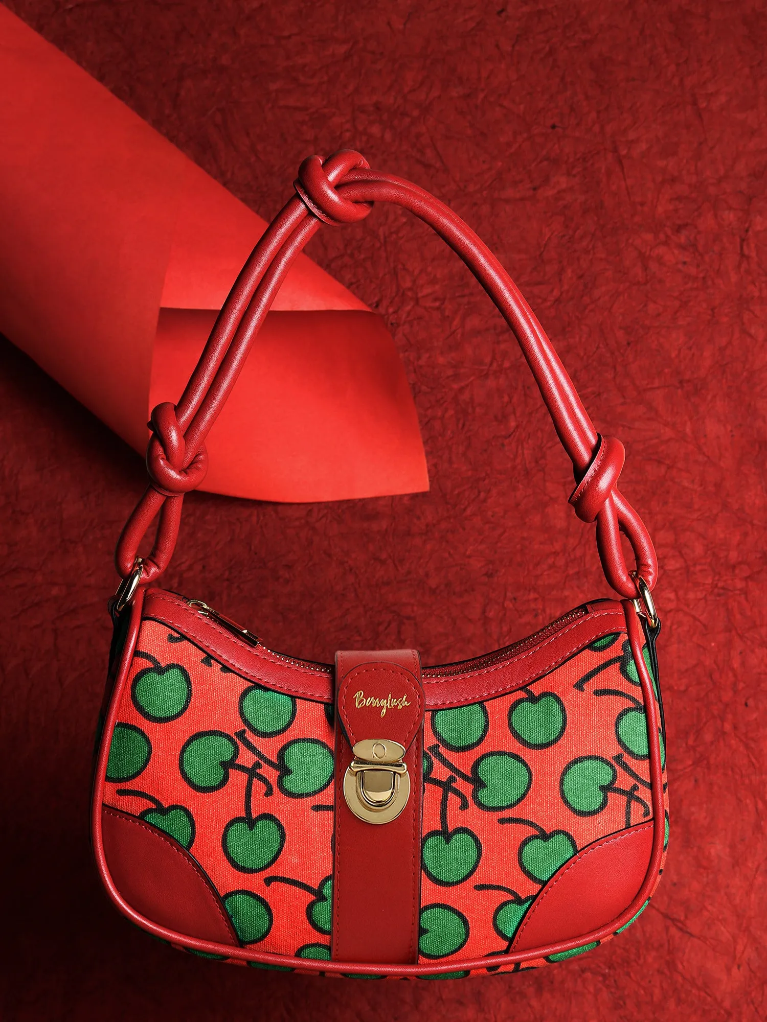 Berrylush Women Red & Green Cherry Printed PU Knot Detachable Sling Strap Embellished Shoulder Bag