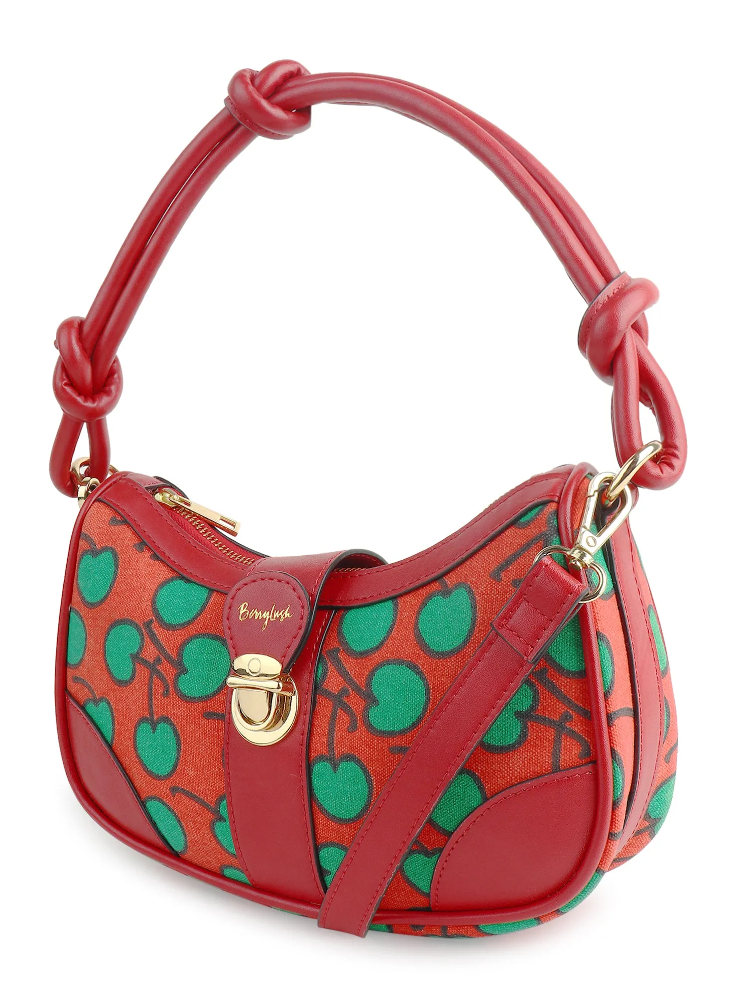 Berrylush Women Red & Green Cherry Printed PU Knot Detachable Sling Strap Embellished Shoulder Bag