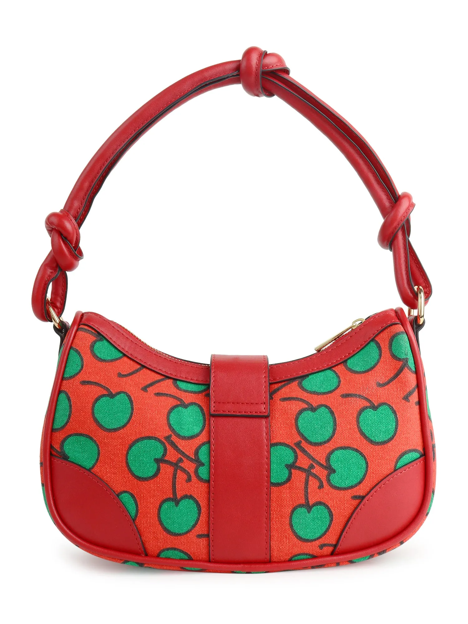 Berrylush Women Red & Green Cherry Printed PU Knot Detachable Sling Strap Embellished Shoulder Bag