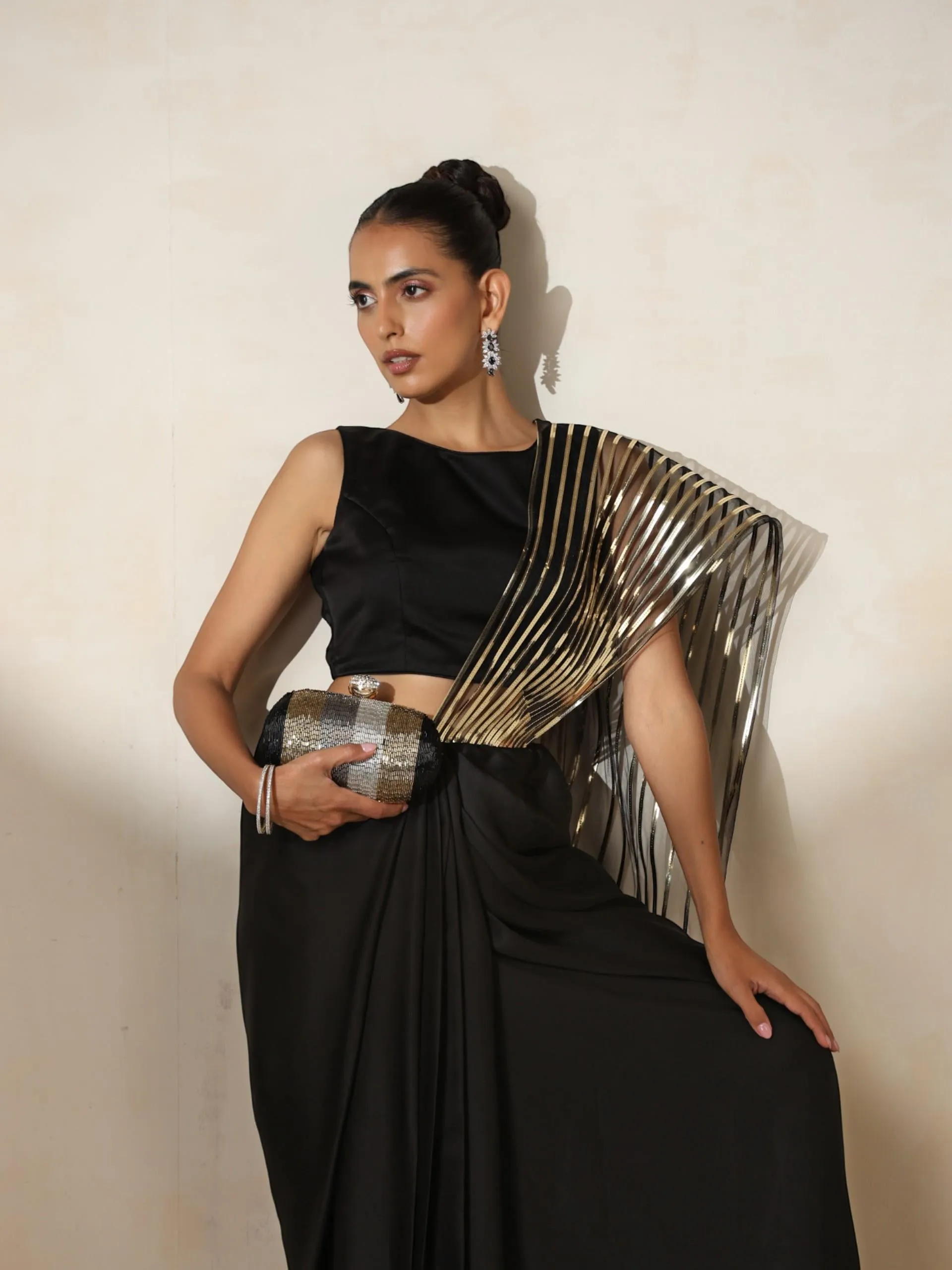 Black Gold Impression Ready to Wear Satin Saree with Blouse