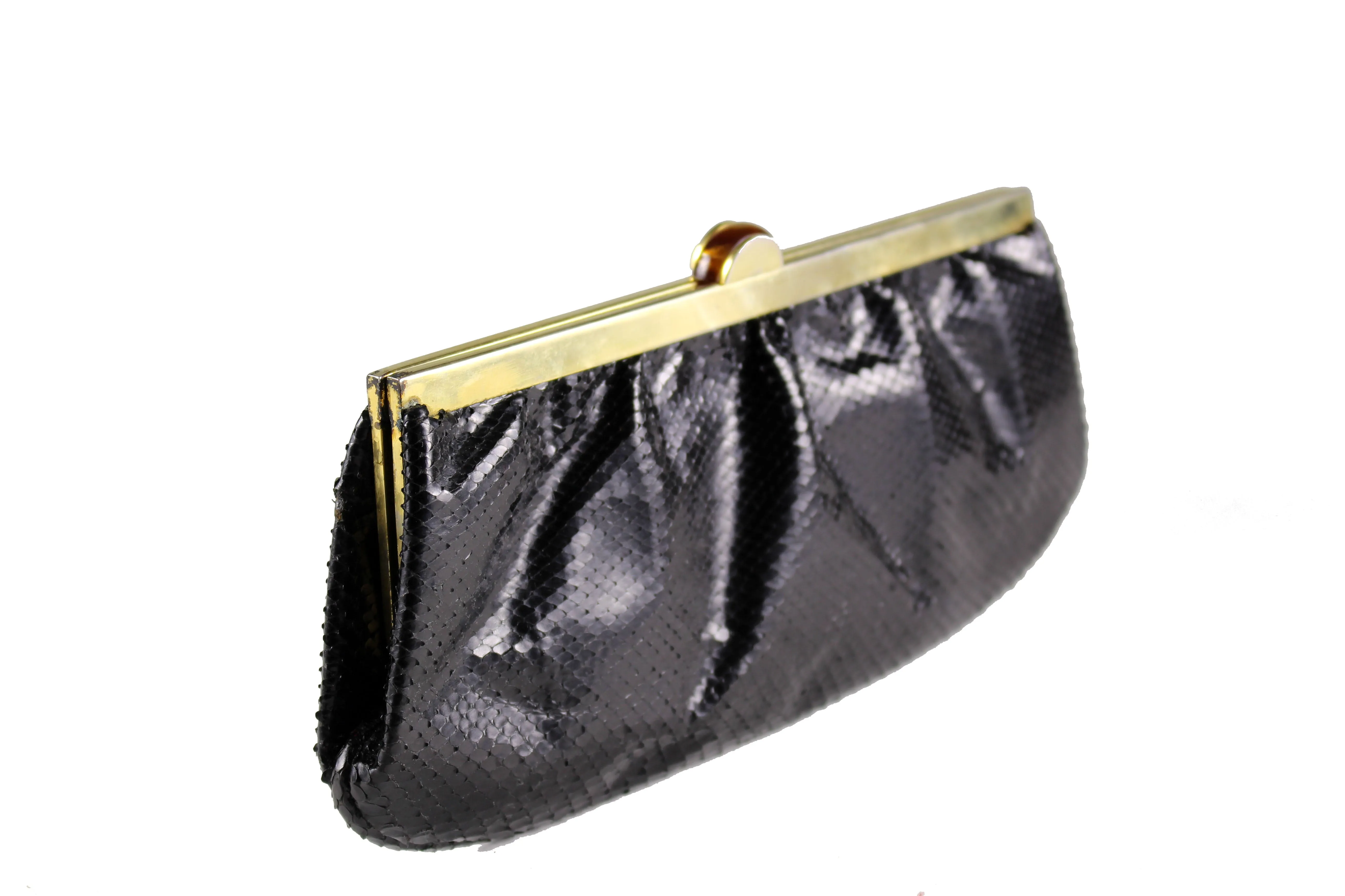 Black snake skin clutch with bakelite clasp