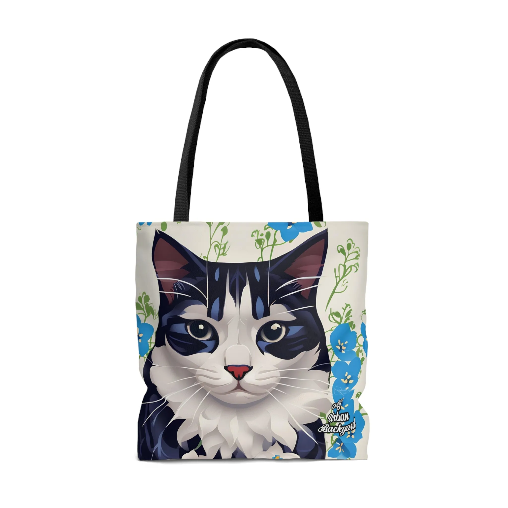 Cat and Blue Flowers, Tote Bag for Everyday Use - Durable and Functional