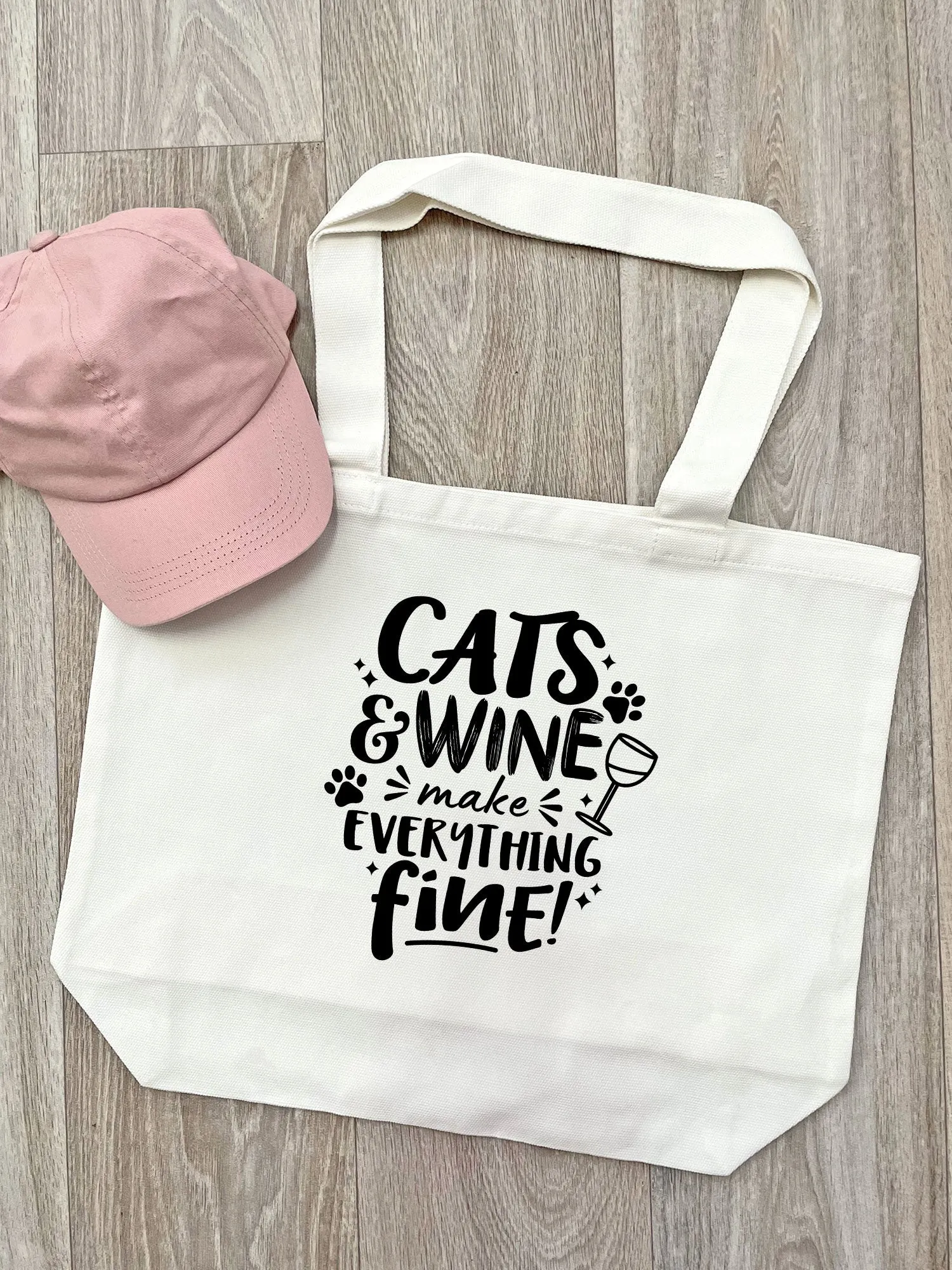 Cats & Wine Make Everything Fine Cotton Canvas Shoulder Tote Bag