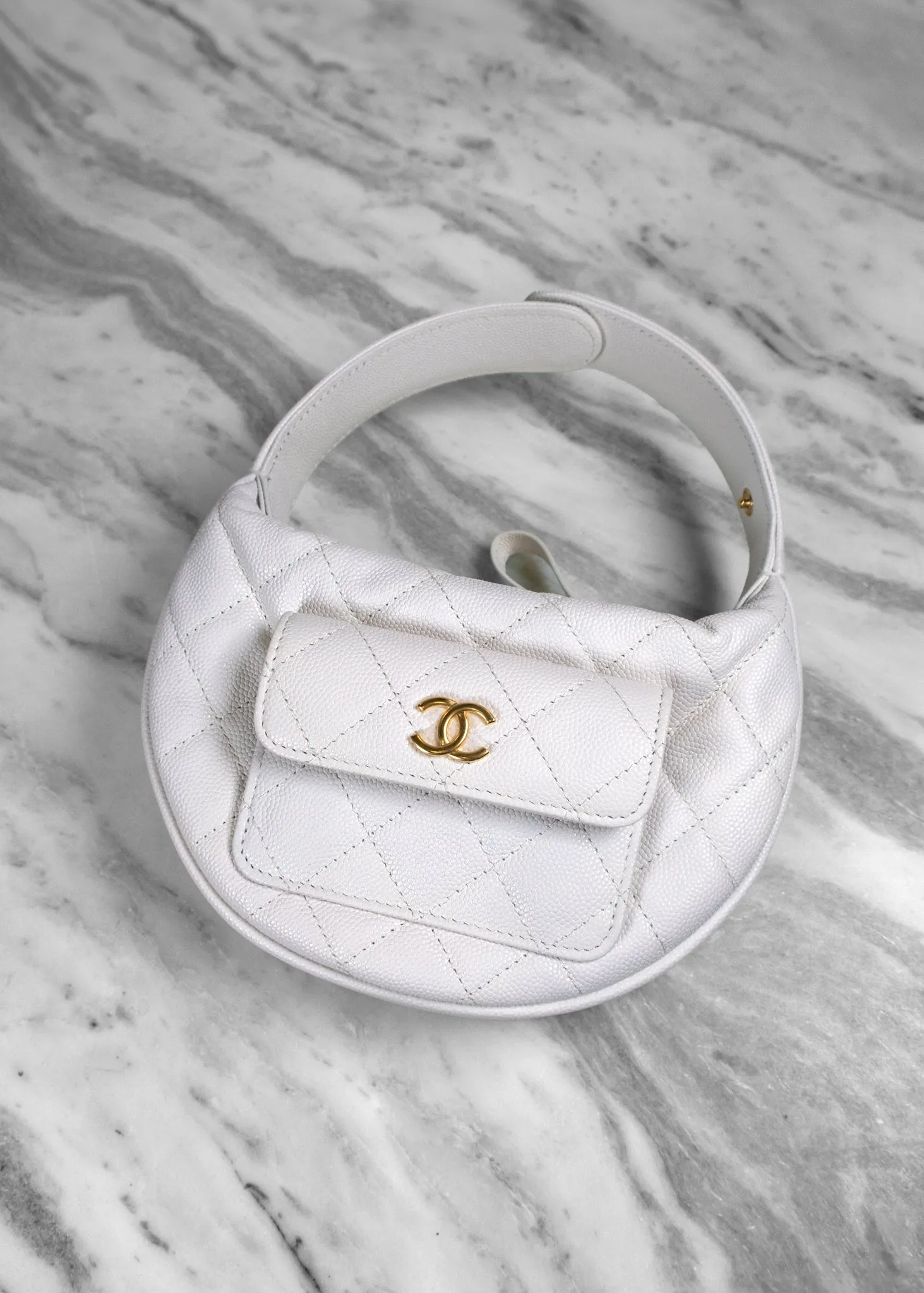 Chanel Caviar Quilted Polly Pocket Pouch Hobo White