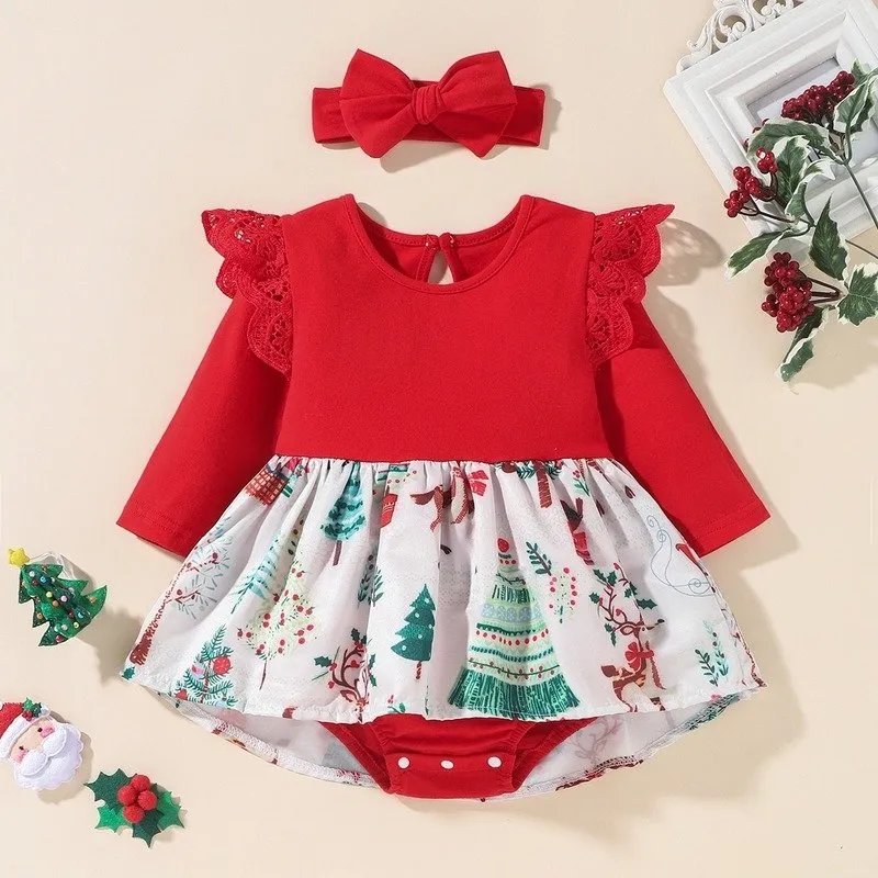 Christmas Baby Girl Red Long-sleeve Tree Print Dress