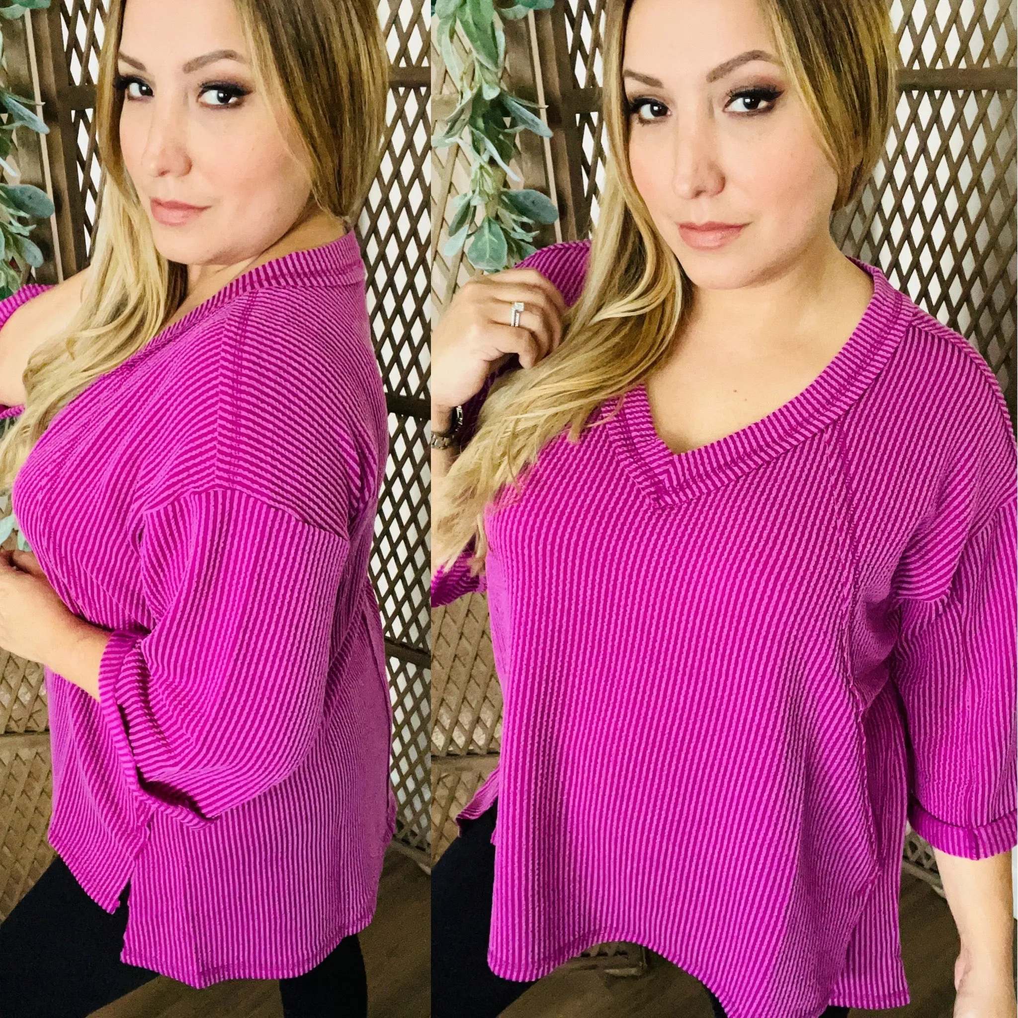 Corded Rib 3/4 Sleeve Hi-Low V Neck Top: Plum