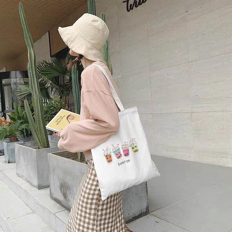 Cute Boba Anime Bubble Tea Print Gift Boba Lovers Women Canvas Tote Bag