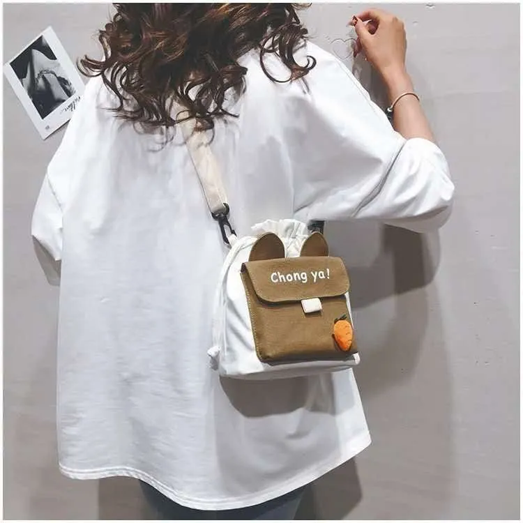 DUNNMALL Cute Small Bag Women's Japanese Style Drawstring Bucket Bag Casual Student Phone Bag All-Matching Girlish Style Shoulder Bag Gift