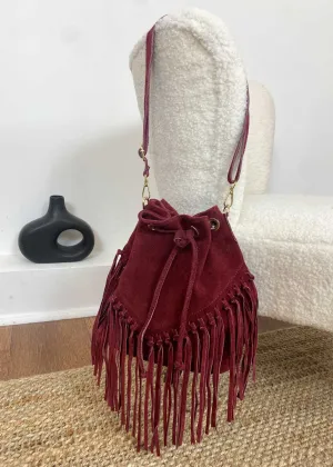 Dutton Suede Fringe Bucket Bag in Red