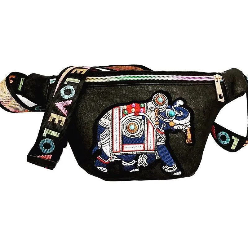 Elephant Love Boho Fanny Pack / Crossbody Bag - Black / White