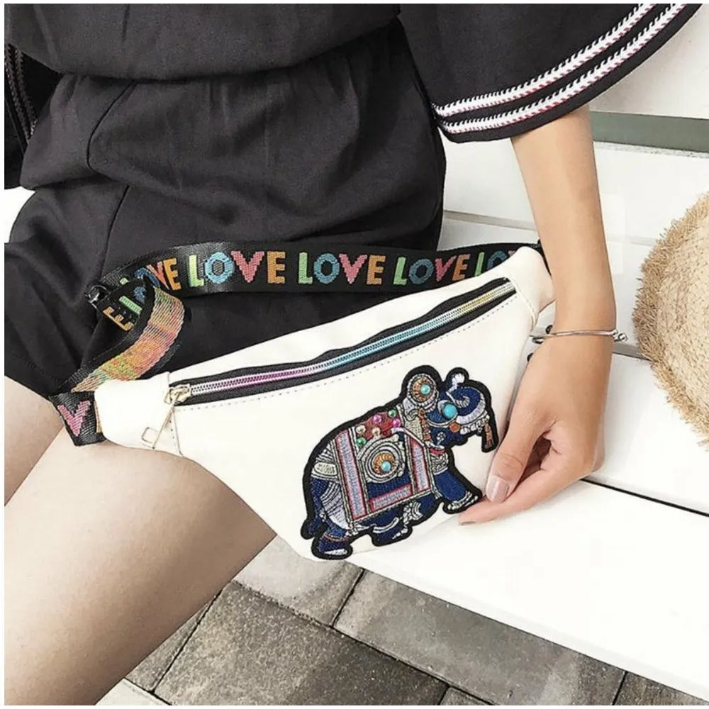 Elephant Love Boho Fanny Pack / Crossbody Bag - Black / White