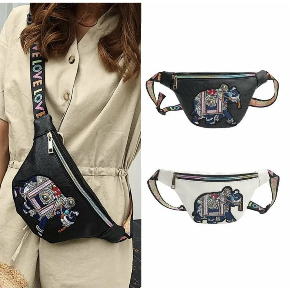 Elephant Love Boho Fanny Pack / Crossbody Bag - Black / White