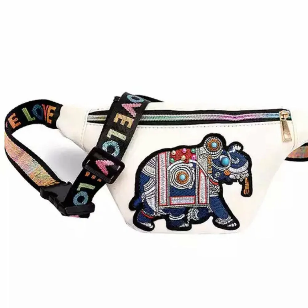 Elephant Love Boho Fanny Pack / Crossbody Bag - Black / White