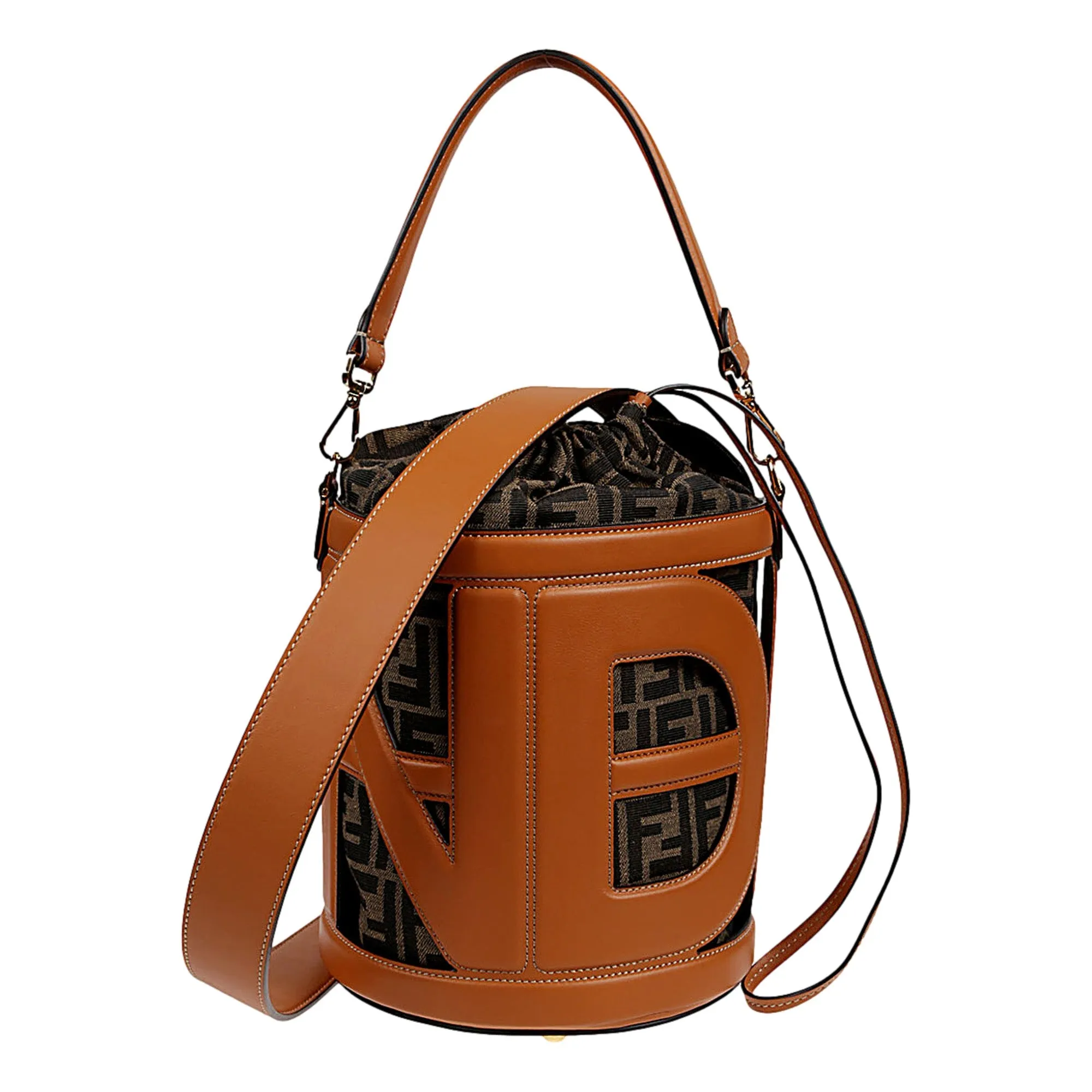 Fendi Step-Out Bucket Bag Brown Fabric and Leather Medium Fendi Logo