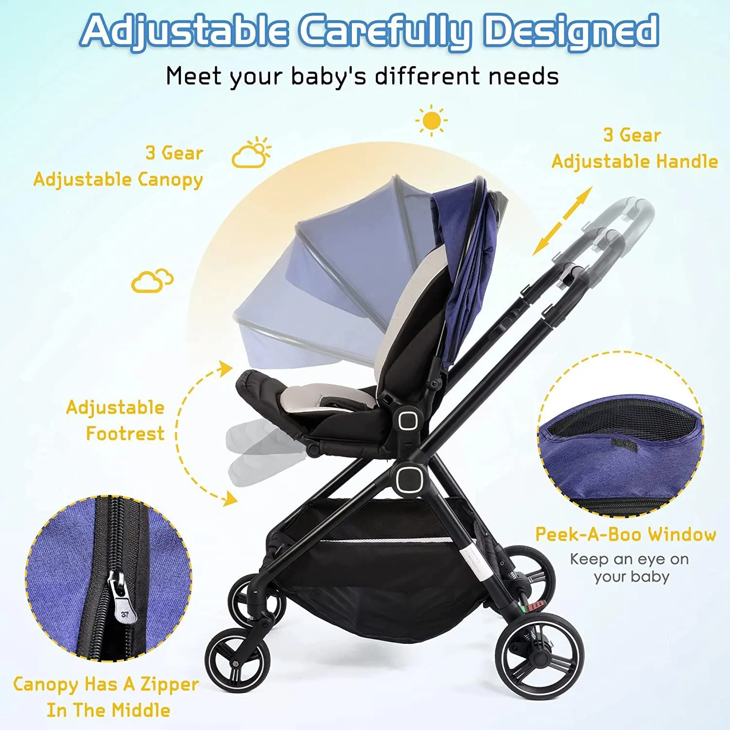 Foldable Compact Travel Strollers 5-Point Harness Infant Stroller w/ Reversible Handle, Adjustable Canopy & Backrest