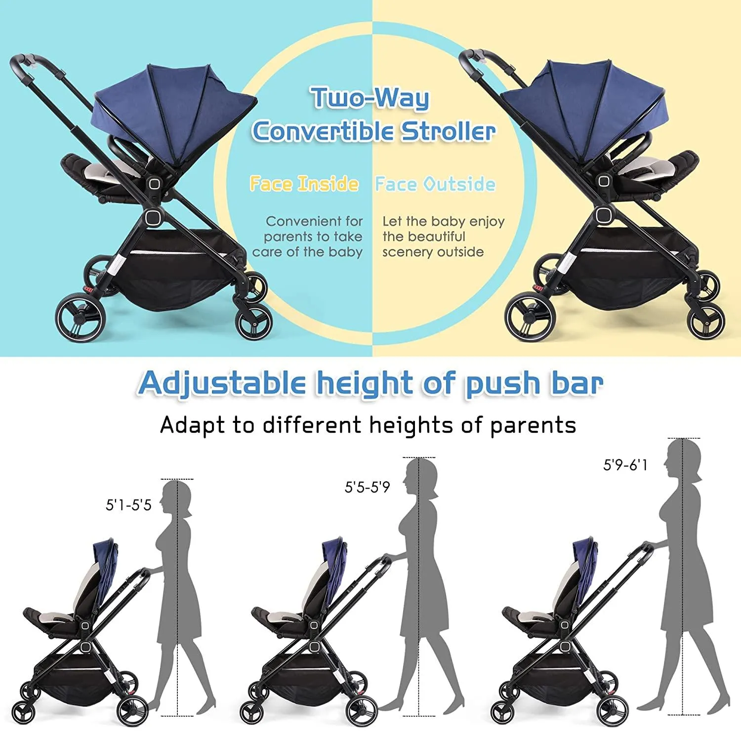 Foldable Compact Travel Strollers 5-Point Harness Infant Stroller w/ Reversible Handle, Adjustable Canopy & Backrest