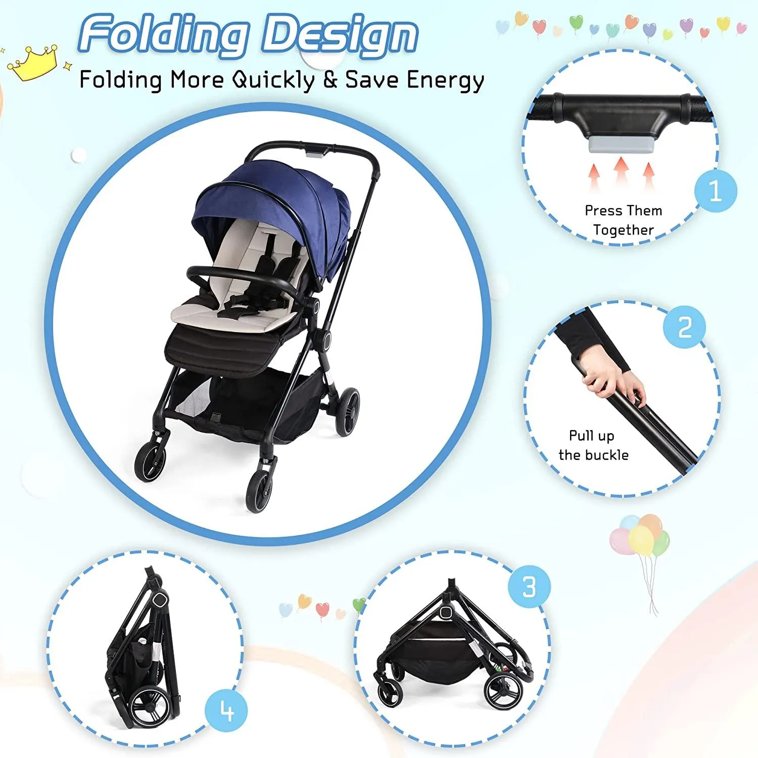 Foldable Compact Travel Strollers 5-Point Harness Infant Stroller w/ Reversible Handle, Adjustable Canopy & Backrest