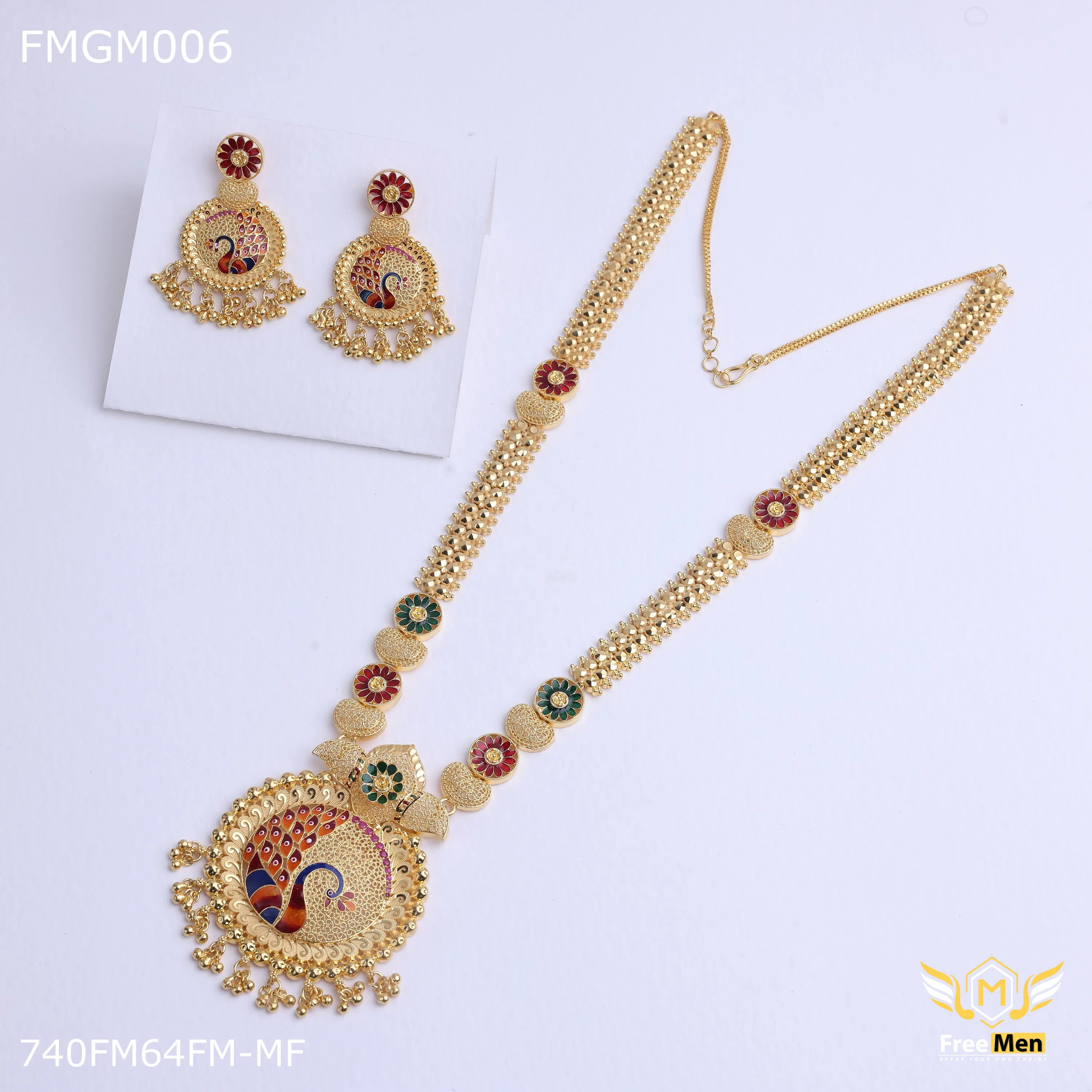 Freemen 1GM Mor design heavy kalkatti long set gold forming design with earring for women - FWGC006