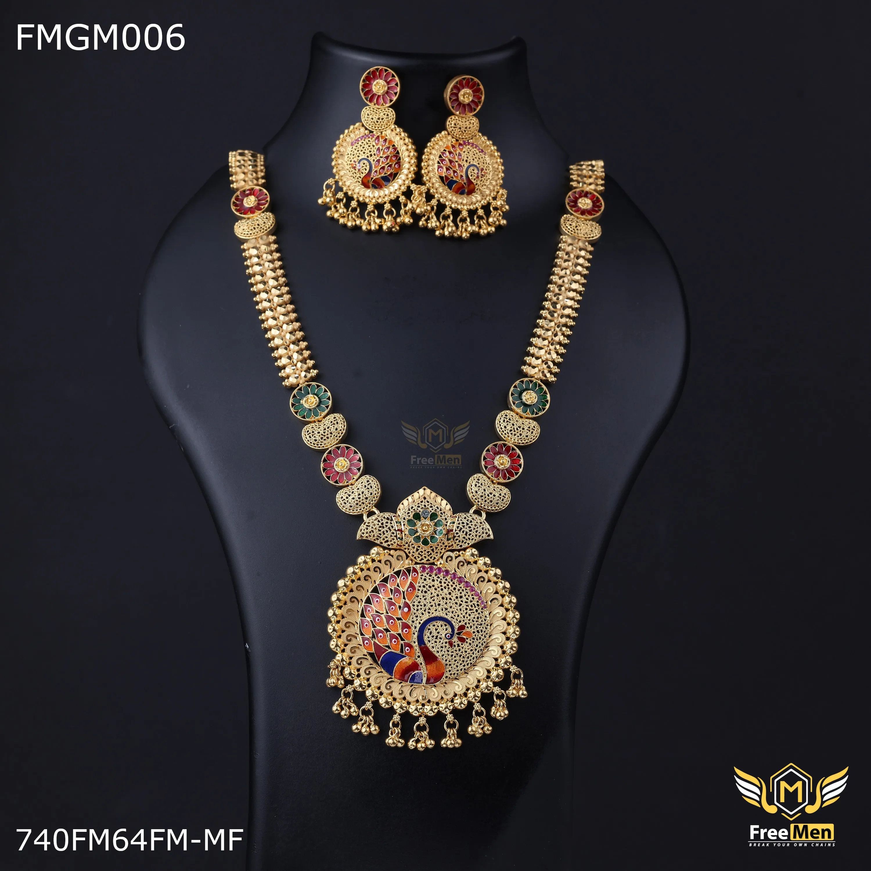 Freemen 1GM Mor design heavy kalkatti long set gold forming design with earring for women - FWGC006