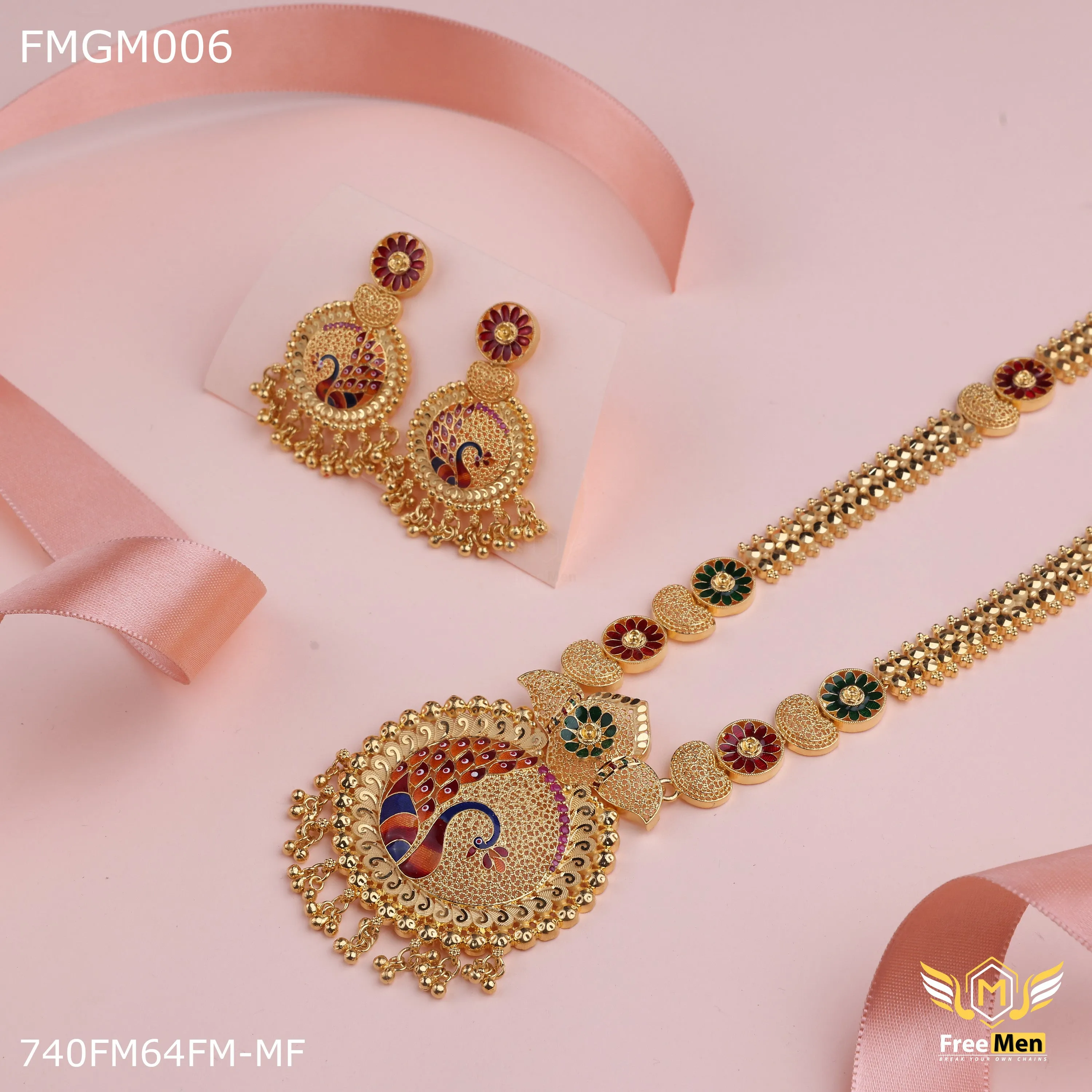 Freemen 1GM Mor design heavy kalkatti long set gold forming design with earring for women - FWGC006