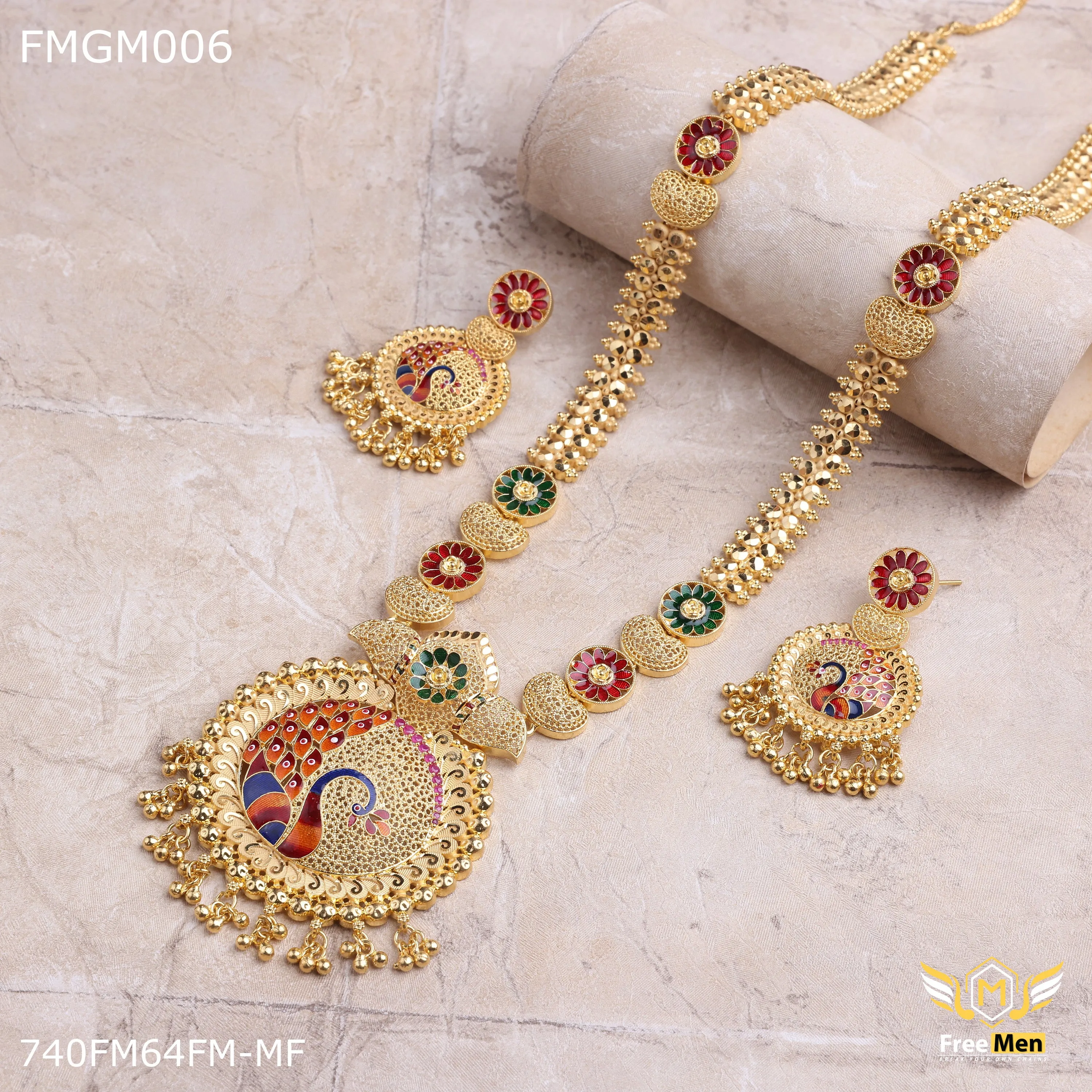 Freemen 1GM Mor design heavy kalkatti long set gold forming design with earring for women - FWGC006