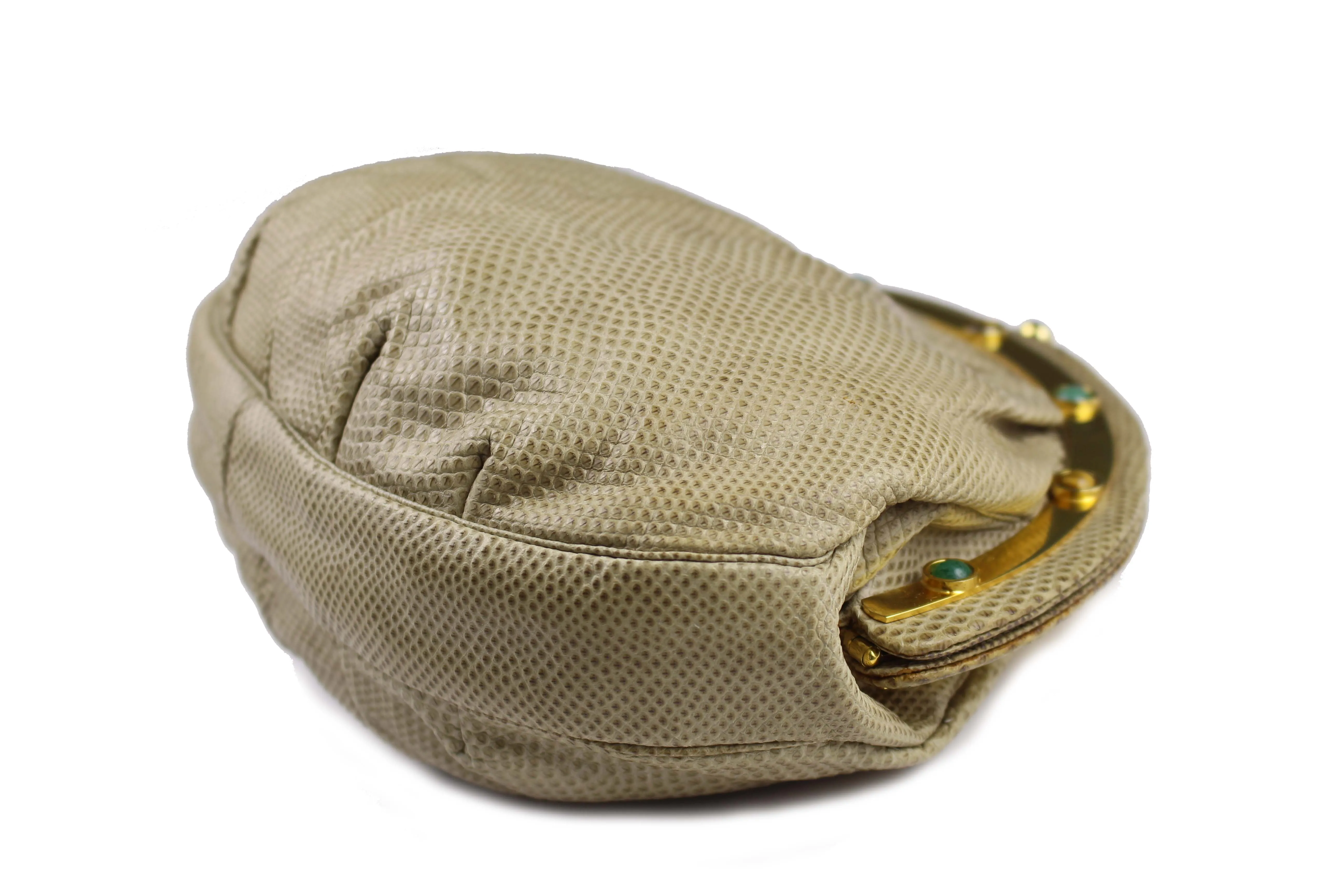 JUDITH LEIBER beige snake skin clutch with semicircular jewel frame