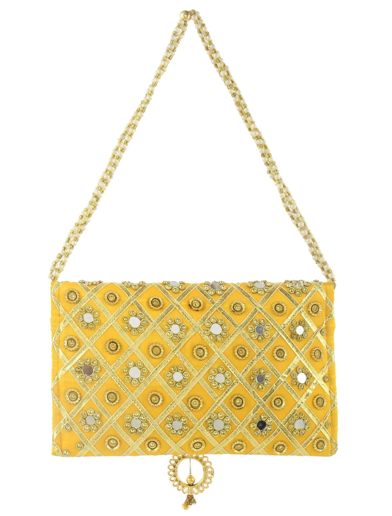 Kuber Industries Silk Traditional Mirror Work Envelope Clutch/Hand Purse Bag for Women/Girls (Gold)-KUBMART11451