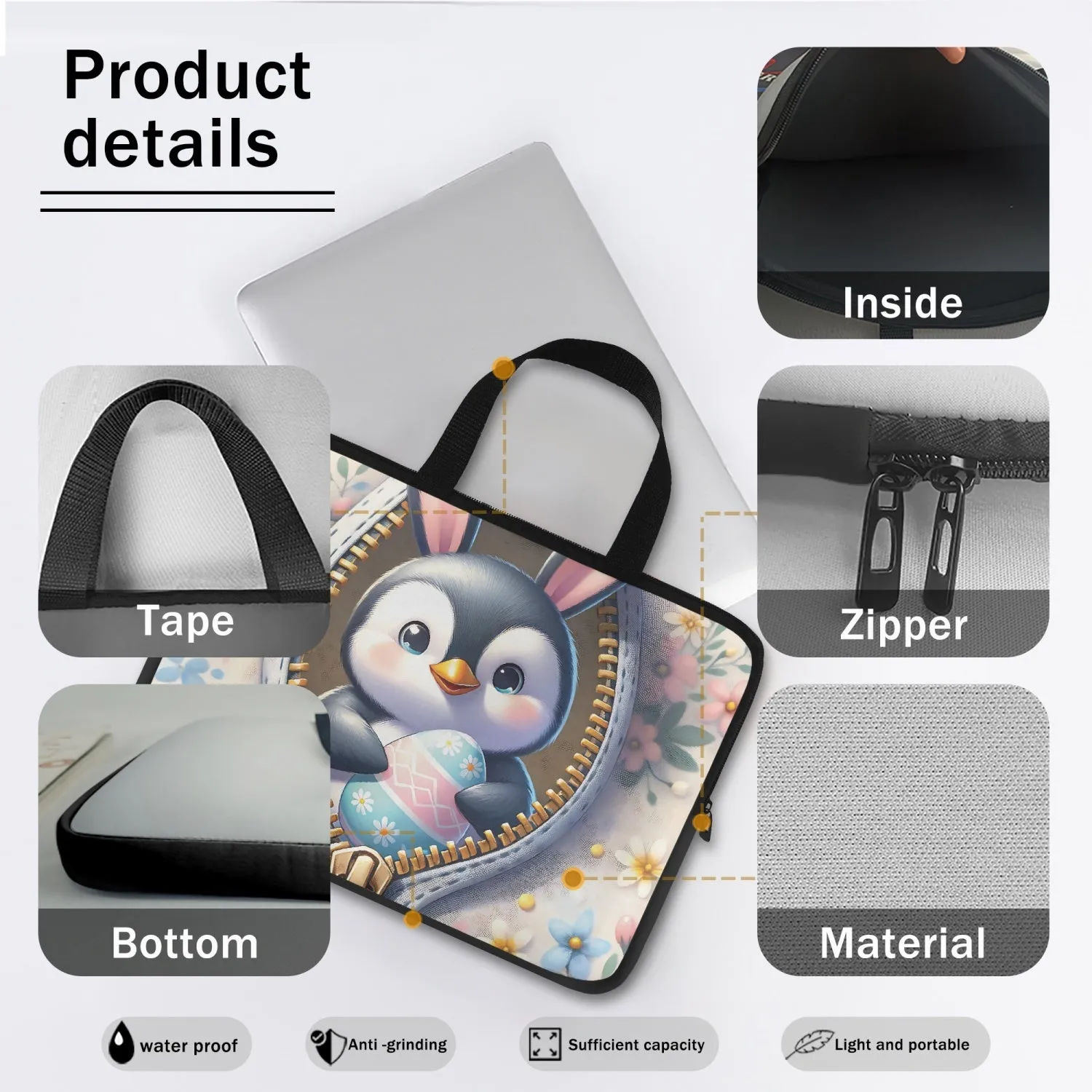 Laptop Sleeve with handles - Easter - Penguin with Bunny Ears