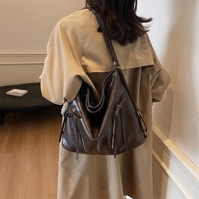 Large Leather Shoulder Bags Bow Zipper Outer Pockets Women Solid Backpacks