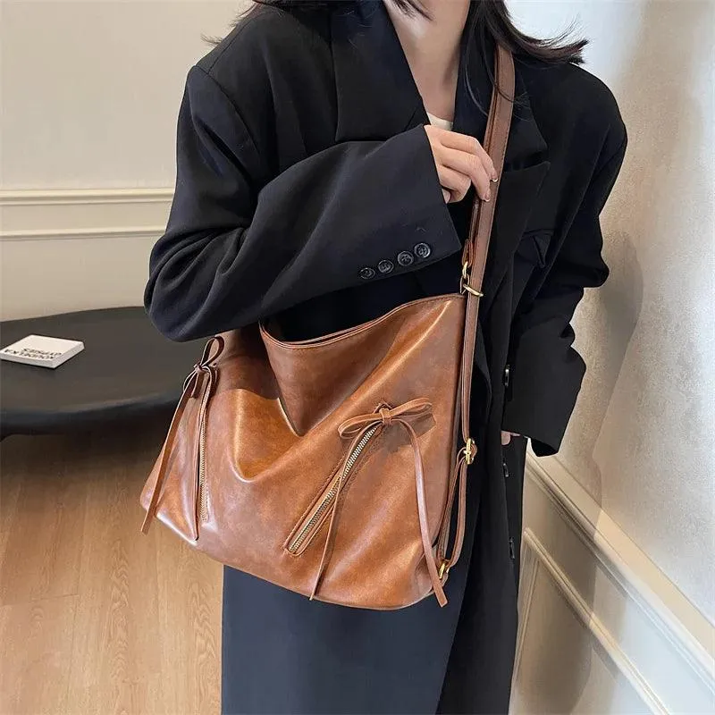 Large Leather Shoulder Bags Bow Zipper Outer Pockets Women Solid Backpacks