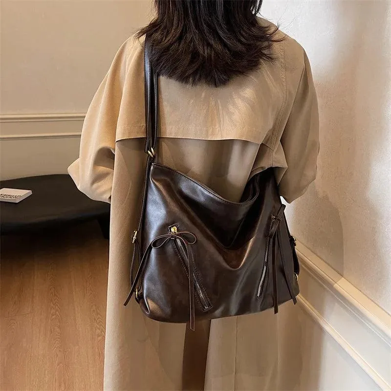 Large Leather Shoulder Bags Bow Zipper Outer Pockets Women Solid Backpacks