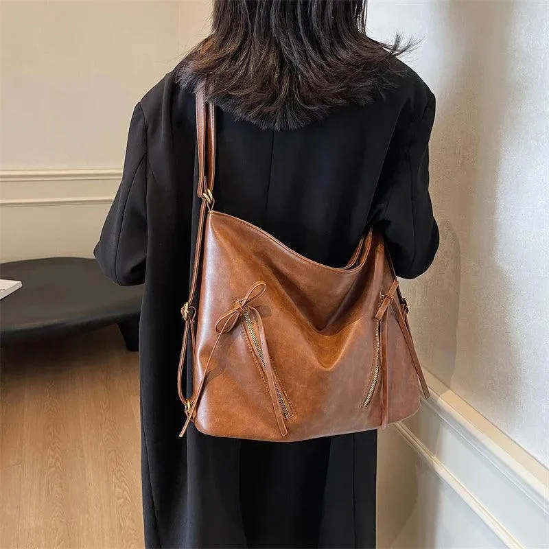 Large Leather Shoulder Bags Bow Zipper Outer Pockets Women Solid Backpacks