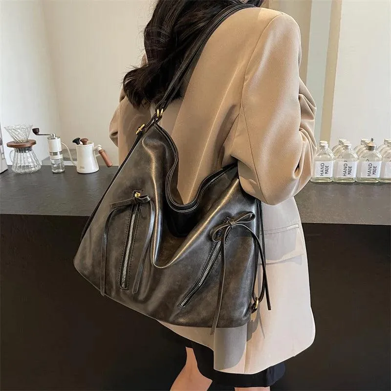 Large Leather Shoulder Bags Bow Zipper Outer Pockets Women Solid Backpacks