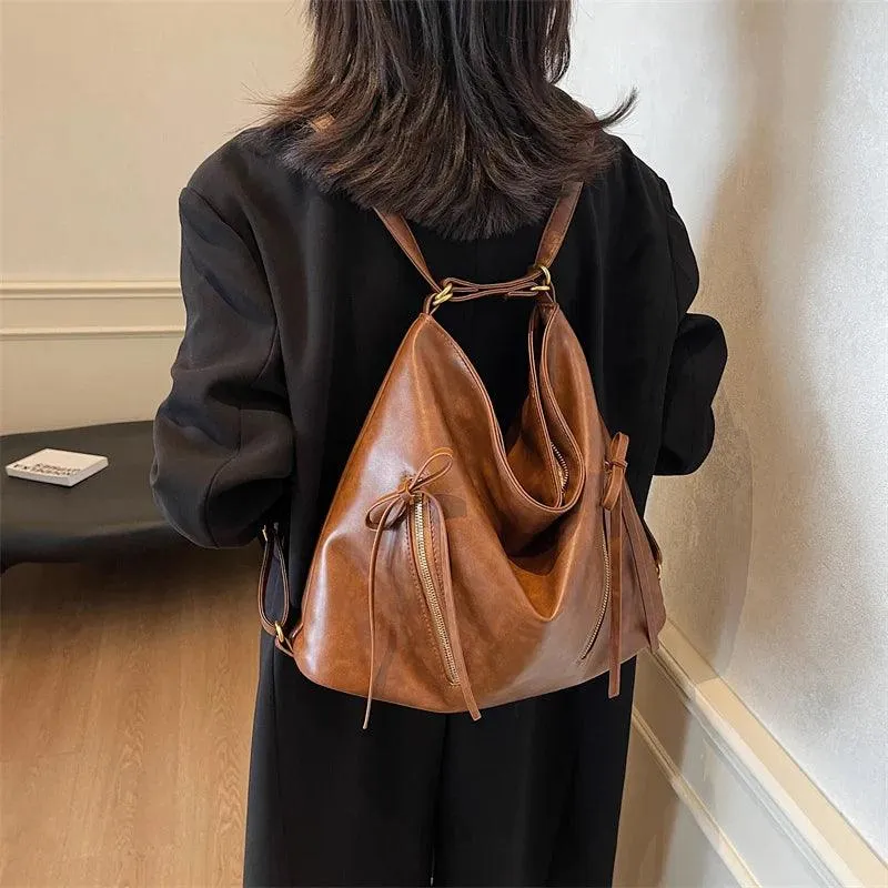 Large Leather Shoulder Bags Bow Zipper Outer Pockets Women Solid Backpacks