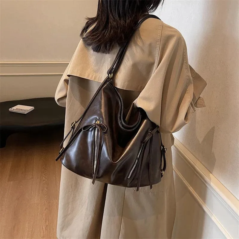 Large Leather Shoulder Bags Bow Zipper Outer Pockets Women Solid Backpacks