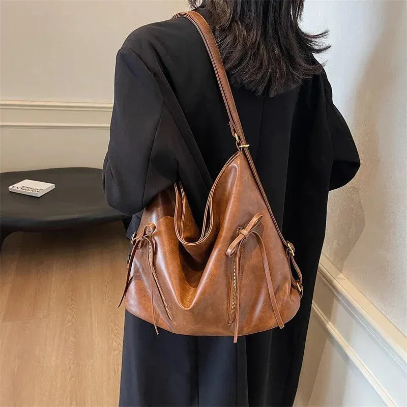 Large Leather Shoulder Bags Bow Zipper Outer Pockets Women Solid Backpacks