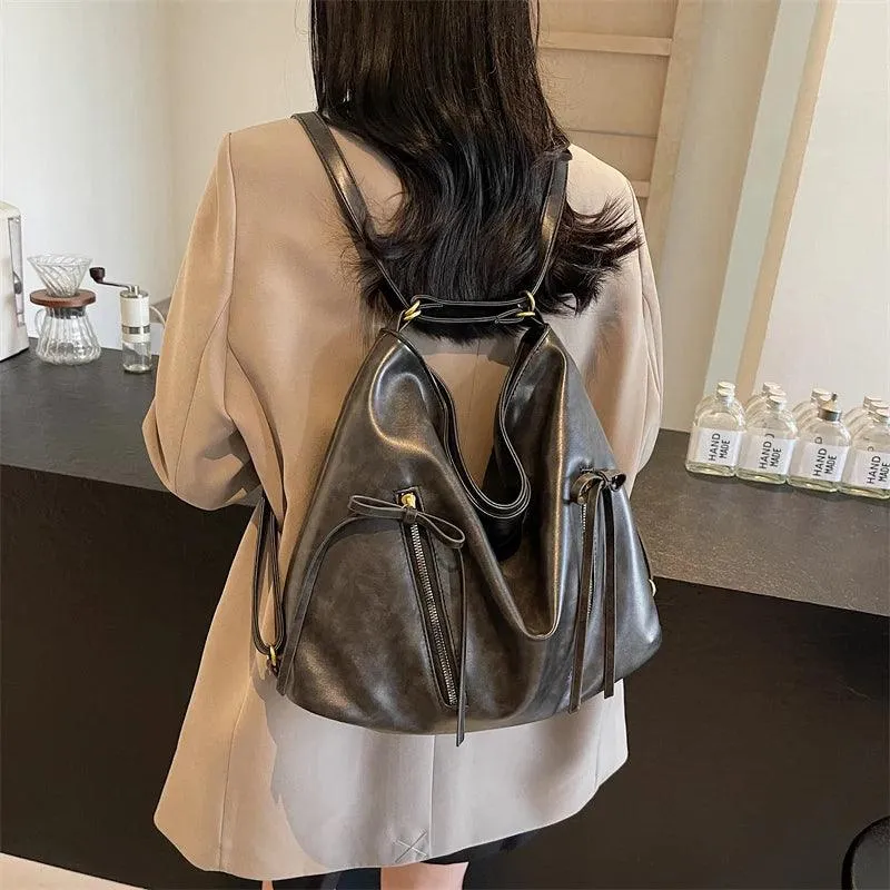 Large Leather Shoulder Bags Bow Zipper Outer Pockets Women Solid Backpacks